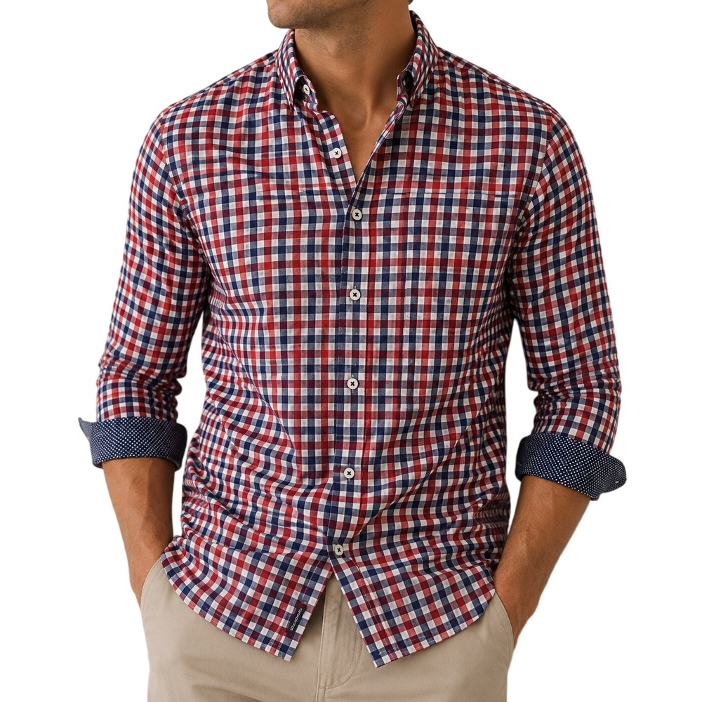 Bugatchi Mens Super Fine‎ Cotton Gingham Button Down Shirt Red White Blue L